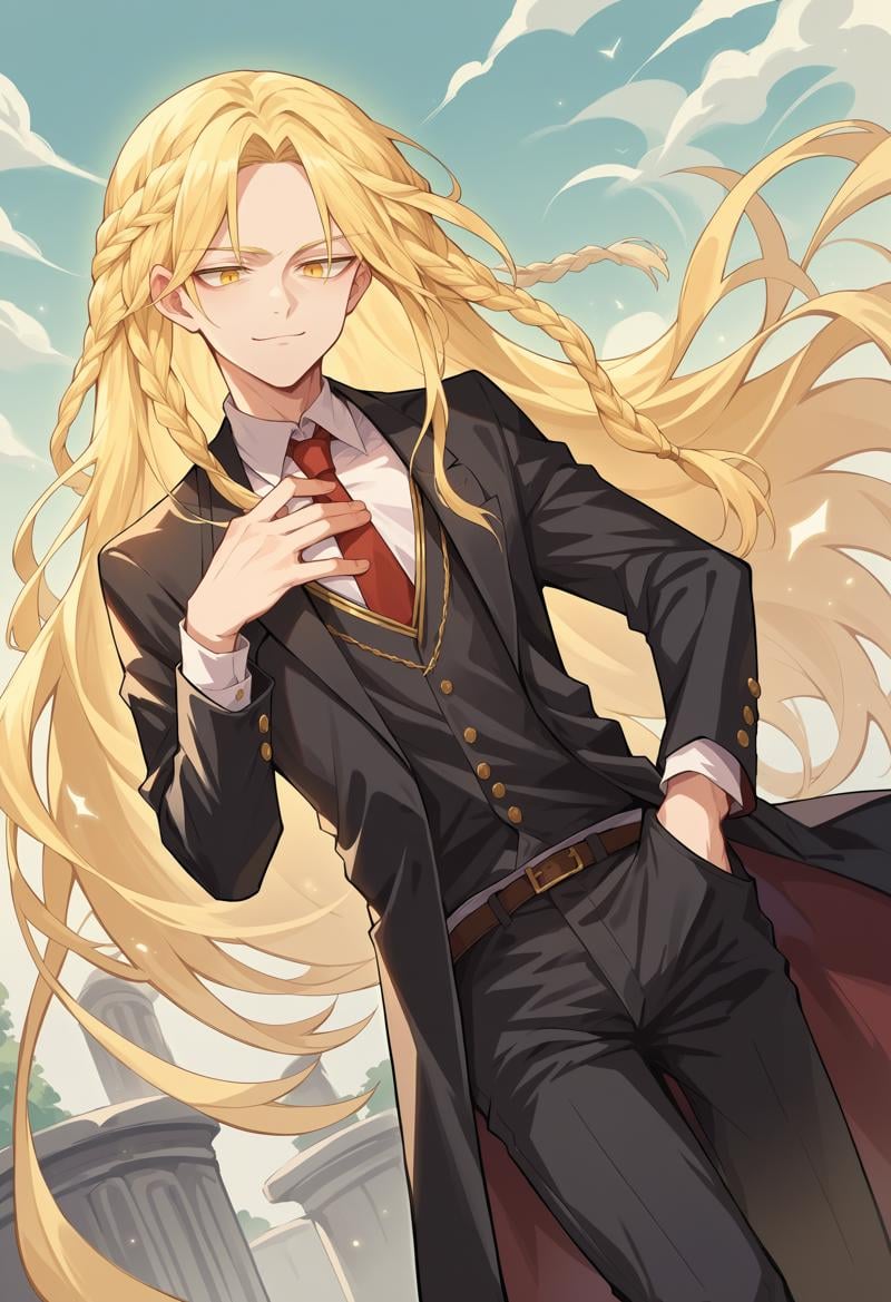 score_9, score_8_up, score_7_up, source_anime, <lora:wrenchEldenRingSoteMiquella:1>, ersotemiquella, blonde hair, 1boy, braid, long hair, yellow eyes, butler, black suit, light smile, hand on chest, pants, necktie, 