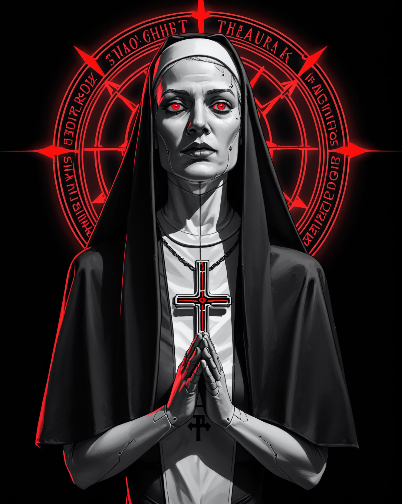 rebnun,  A futuristic cult moment of a woman praying to the devil statue in a futuristic cloak with, in the style of neon, dark background - infused digitalism, hyper - realistic portraits, silver and red, dariusz klimczak, andrew boog faithfull, religious subjects <lora:nun-000008:1>