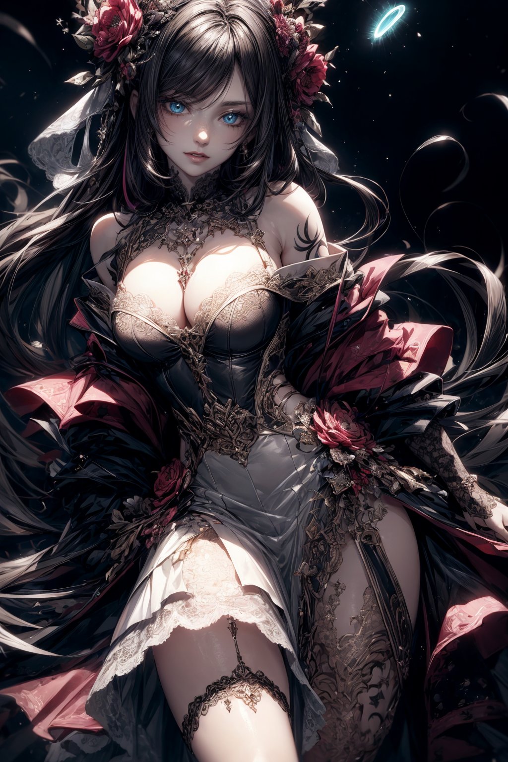 (((Masterpiece,  Top Quality,  High Resolution))),  8k,  Breaking. cruel,  cosmic fallen demon,  cruel,  evil,  detailed eyes:1.3,  Breaking,  detailed face:1.3,  accessories,  (full body tribal tattoos),  ((super detailed lace off-the-shoulder white dress skirt,  upskirt)),  Detailed princess outfit,  D-cup cleavage,  Denim mini skirt Breaking,  Bioluminescence,  Creepy,  Re, .HELL SENT,  Very bright color,  Light particles:1.2,  With shining light,  Mshiff,  Wallpaper art,  UHD Wallpaper,  Cowboy Shot, ,  Evil Glow,  Evil Laugh, . Kiana Kasrana, YAMATO, rolopekka, noelledef, outfit-km, purple dress, yaemikodef, monadef, kamisatoyakadef, alexia_olis, arlecchino, phlg,<lora:EMS-1093-EMS:0.500000>,<lora:EMS-63140-EMS:0.400000>,<lora:EMS-179-EMS:0.500000>