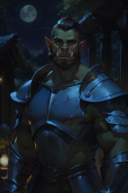 score_9, score_8_up, score_7_up, dark theme, low light, solo, male focus, mature male, orc, green skin, tusks, beard, outdoors, armor, looking at viewer, shoulder armor, breastplate, upper body, closed mouth, pauldrons, night, night sky, standing <lora:Anime Summer Night Style SDXL_LoRA_Pony Diffusion V6 XL:1>