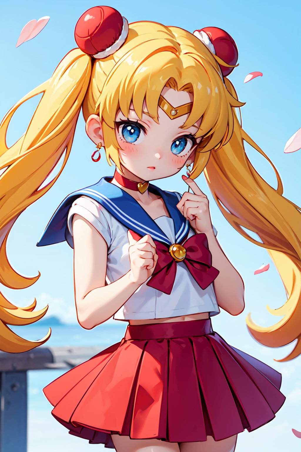 sailor moon,1girl, long hair,jewelry, sailor senshi uniform, blue sailor collar,blonde hair, red choker, twintails, red bow, blue skirt, blue eyes, hair bun,a girl with long hair and flowers in her hair is looking down at her hand and her face is covered with petals