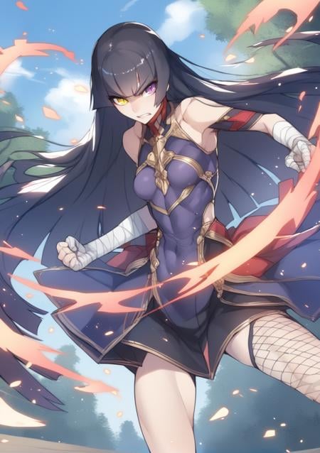 1girl, solo, really long hair, black hair, hime cut, heterochromia, purple eye, yellow eyes, slit pupils, small breasts, fishnet, black bandages, fighting stance, angry, outdoors, forest <lora:Ban AP:1>, score_9, score_8_up, score_7_up, score_6_up, score_5_up, score_4_up, BREAK source_anime, masterpiece