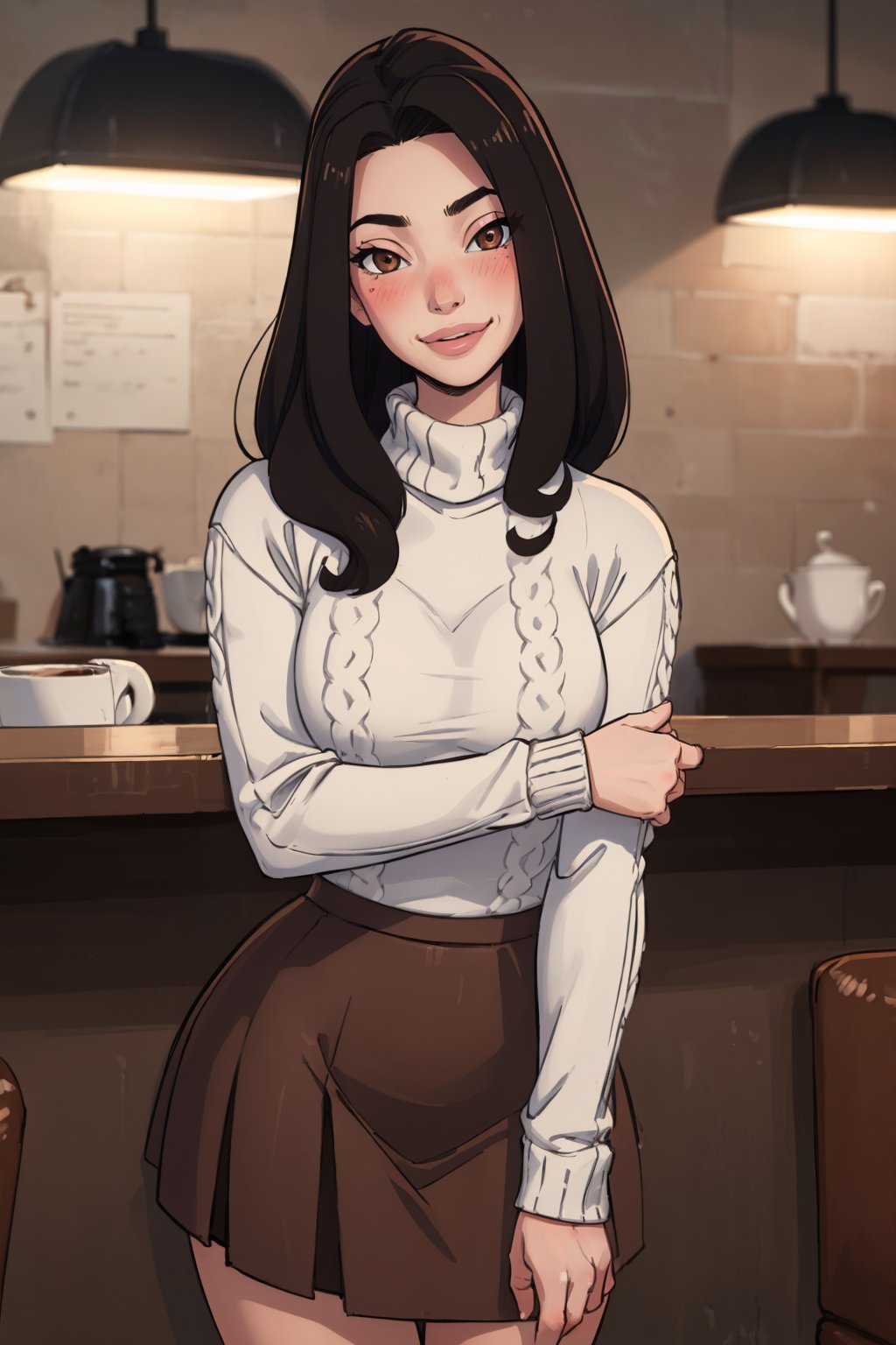 (masterpiece, best quality:1.2), <lora:sleepygimp:1>, sleepygimp, 1girl, solo, skirt, sweater, long hair, brown hair, looking at viewer, white sweater, long sleeves, brown skirt, smile, brown eyes, blush, turtleneck, indoors, cafe, leaning,