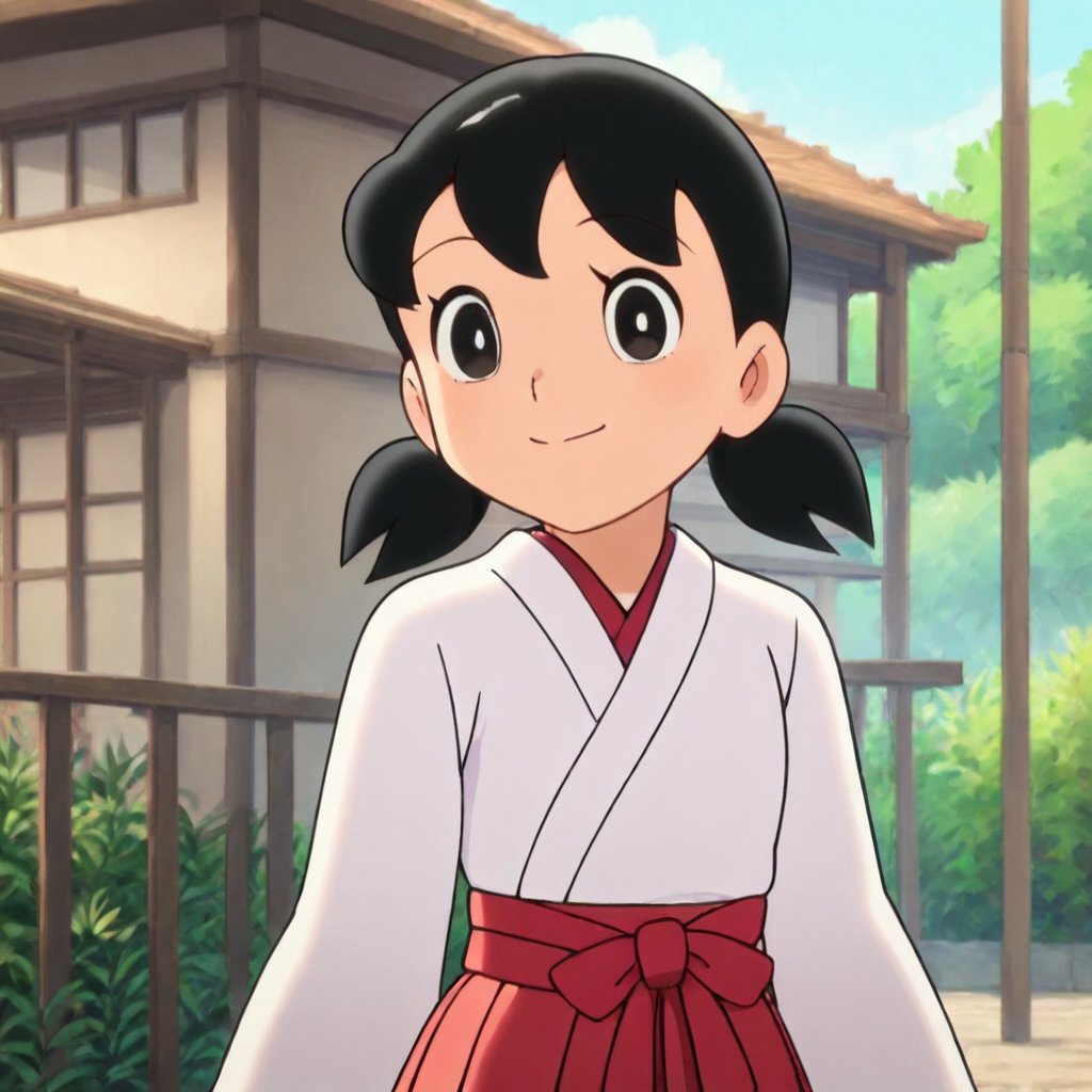 score_9, score_8_up, score_7_up, score_6_up, score_5_up, score_4_up, source_anime,minamoto shizuka,1girl, solo, japanese clothes, black hair,miko, black eyes, smile, twintails, outdoors, hakama, looking at viewer, skirt, short hair, day, short twintails, hakama skirt, tree, red hakama, long sleeves,masterpiece, perfect face, best quality, beautiful girl, cute girl, beautiful eyes, shiny eyes, anime coloring, anime screencap, absurdres, outdoors, <lora:minamoto shizuka auti 903:0.8>