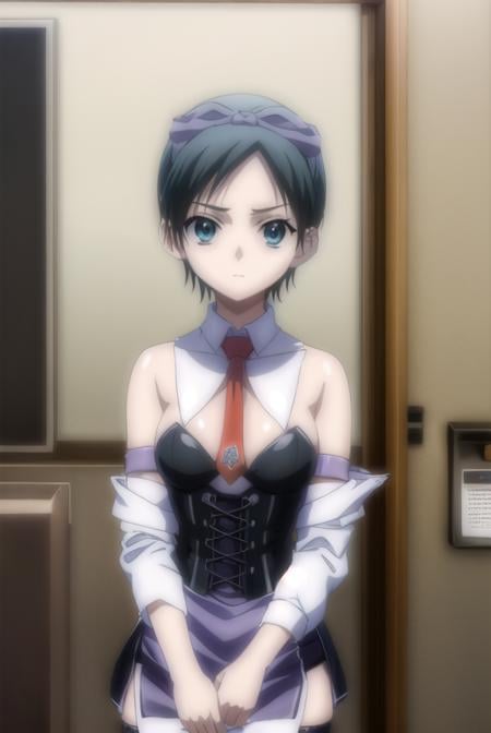 oruhahashimoto, <lora:oruha hashimoto-lora-nochekaiser:1>,oruha hashimoto, short hair, black hair, (black eyes:1.3),BREAK bare shoulders, necktie, detached collar, red necktie, corset, detached sleeve, thighhighs, ribbon, hair ribbon,BREAK indoors,BREAK looking at viewer, (cowboy shot:1.5),BREAK <lyco:GoodHands-beta2:1>, (masterpiece:1.2), best quality, high resolution, unity 8k wallpaper, (illustration:0.8), (beautiful detailed eyes:1.6), extremely detailed face, perfect lighting, extremely detailed CG, (perfect hands, perfect anatomy),