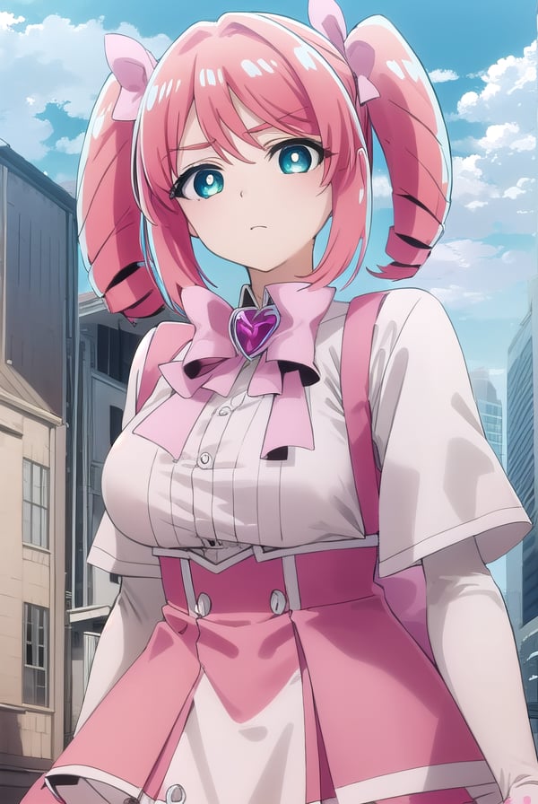 harukahanabishi, <lora:haruka hanabishi-lora-nochekaiser:1>,haruka hanabishi, twintails, (green eyes:1.3), pink hair,BREAK thighhighs, gloves, dress, bow, magical girl, pink gloves,BREAK outdoors, city, sky, sun, clouds,BREAK looking at viewer, (cowboy shot:1.5),BREAK <lyco:GoodHands-beta2:1>, (masterpiece:1.2), best quality, high resolution, unity 8k wallpaper, (illustration:0.8), (beautiful detailed eyes:1.6), extremely detailed face, perfect lighting, extremely detailed CG, (perfect hands, perfect anatomy),