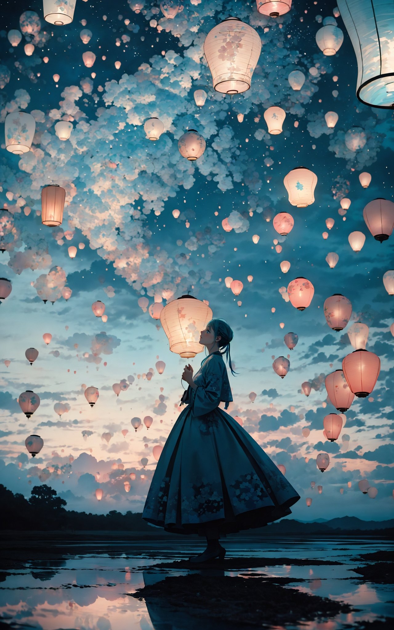 sky lantern，masterpiece, best quality, 32k uhd, insane details, intricate details, hyperdetailed, hyper quality, high detail, ultra detailed, Masterpiece, (Real water，Realistic water，flowing water:1.1)，ripples，(cyan sky:1.4),A whimsical sight of paper lanterns floating against the twilight sky, captured in a wide view by Tim Walker.    The lanterns cast a warm glow, creating a dreamlike tableau that melds tradition with beauty, i can't believe how beautiful this is, dream-like atmosphere，<lora:绪儿-孔明灯 sky lantern:0.8>