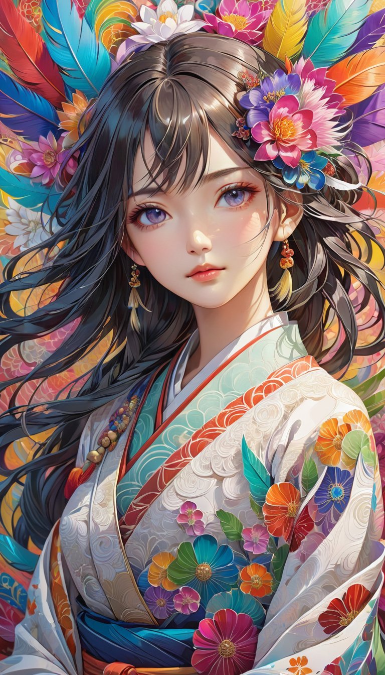 Zen painting illustration,anime art style,masterpiece,top quality,best quality,official art,beautiful and aesthetic,(1girl:1.2),extremely detailed,colorful,flowers,highest detailed,zentangle,abstract background,shiny skin,many colors,feathers,