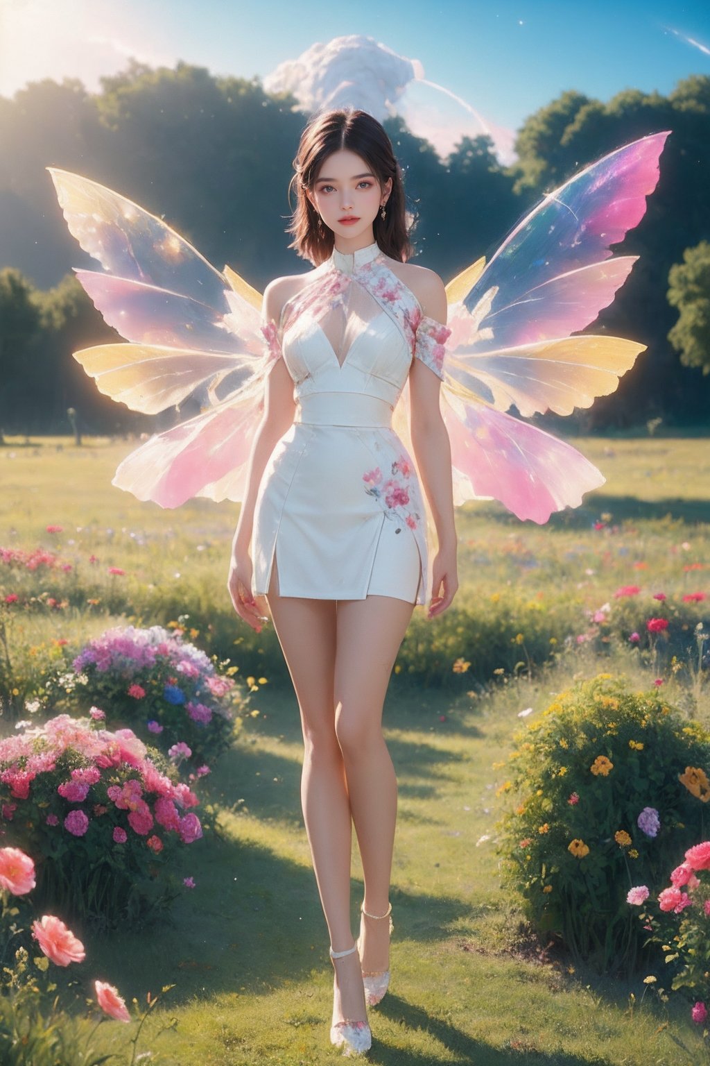 1girl,(portrait:1.4),white dress,short skirt,(very long legs:1.1),nebula,(painted clothes:1.3),standing,(transparent wings:1.3),high heels,lake,flowers,flowers meadows,grasslands,day,sunny sky,outdoors, <lora:Again_Style_2:0.8>