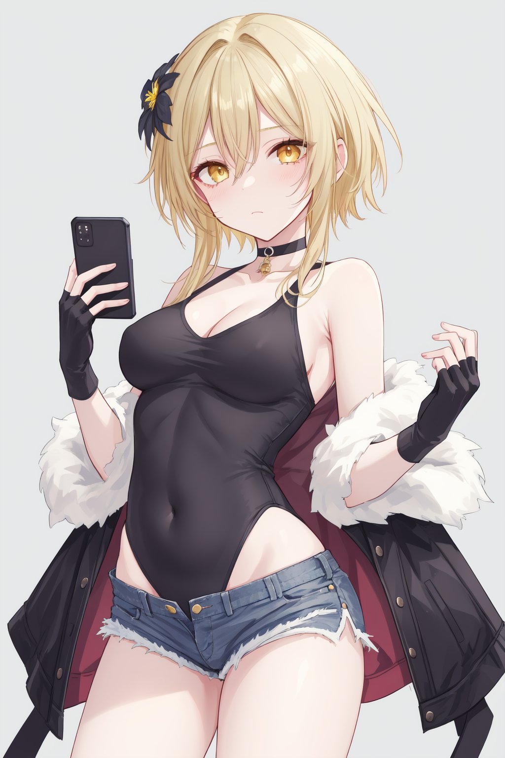 1girl, breasts, blonde hair, phone, solo, cellphone, hair ornament, leotard, denim, shorts, holding phone, denim shorts, hair flower, smartphone, covered navel, cleavage, holding, yellow eyes, highleg, feathers, thighs, highleg leotard, medium breasts, grey background, short shorts, black leotard, cutoffs, choker, bare shoulders, cowboy shot, fingerless gloves, gloves, bangs, simple background, black gloves, feather hair ornament, short hair with long locks, black choker, hair between eyes, closed mouth, selfie, halterneck, po style, s6xryc3, add9evlo65x, sfd6de8tv, sd6cepo5s, sf6ce9w8hd, sd69eogd, 5wsd6gics