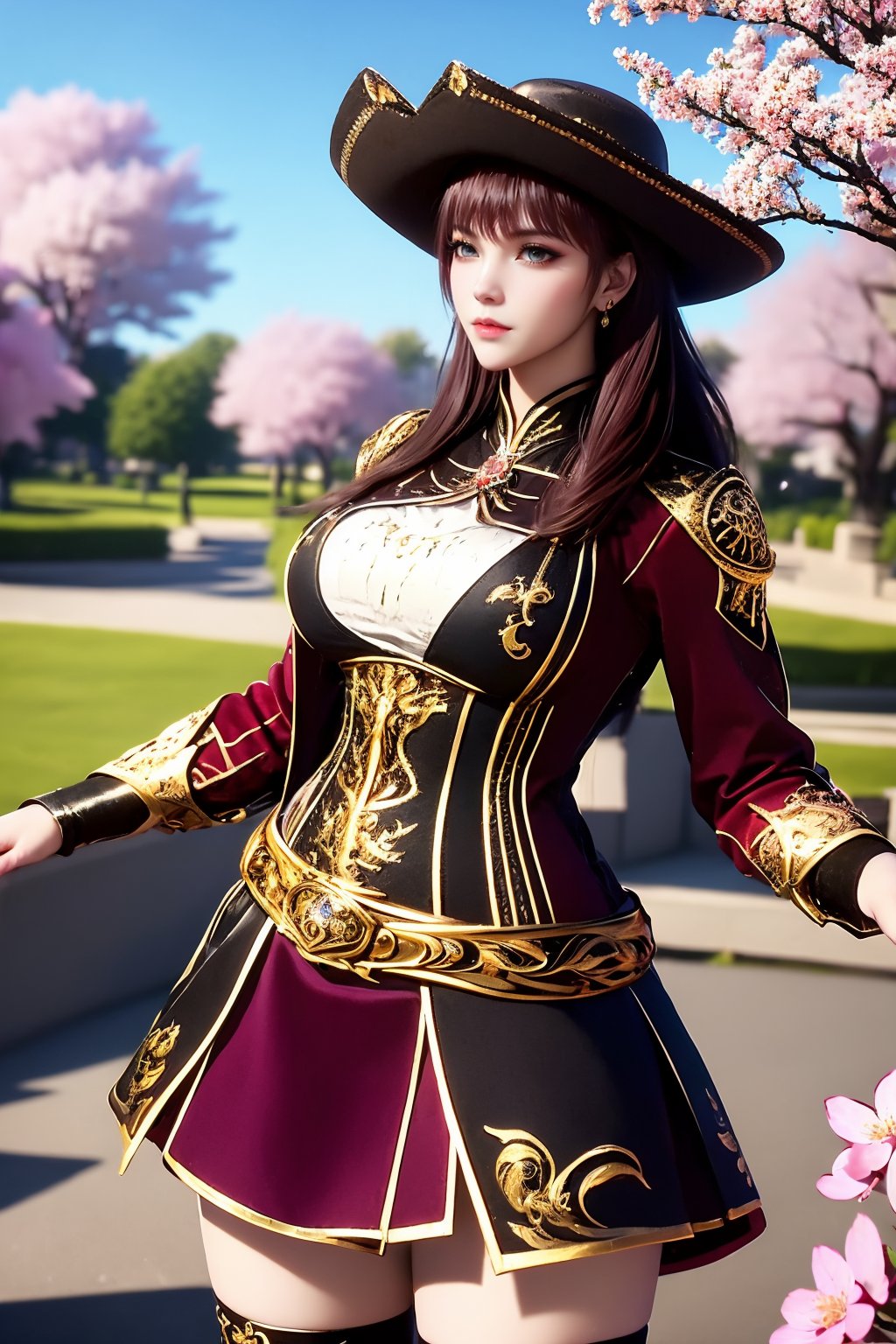 (best quality:1.4), (masterpiece:1.4), exquisite details and textures, extremely detailed, 1girl, solo, breasts, hat, outdoors, long hair, thighhighs, large breasts, brown hair, day, sky, skirt, blue eyes, blurry, belt, blue sky, lips, cherry blossoms, standing, cowboy shot, closed mouth, black skirt, tree, black thighhighs, red jacket, jewelry, blurry background, red lips, vambraces, makeup, dress, thighs, cloud, long sleeves, bracer, armor, gold trim, pirate hat, jacket, looking at viewer, depth of field, miniskirt, realistic, earrings, grey eyes,