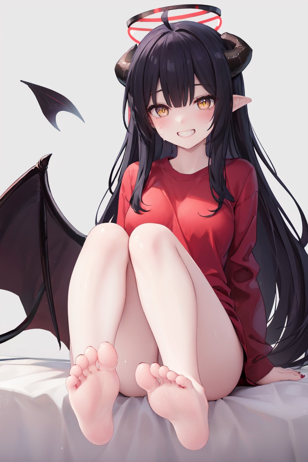 1girl, foot focus, horns, feet, toes, barefoot, black hair, yellow eyes, tail, long hair, soles, solo, halo, foreshortening, looking at viewer, ahoge, smile, sitting, bangs, toenails, shirt, simple background, sweatdrop, demon horns, demon tail, long sleeves, bare legs, grey background, grin, red shirt