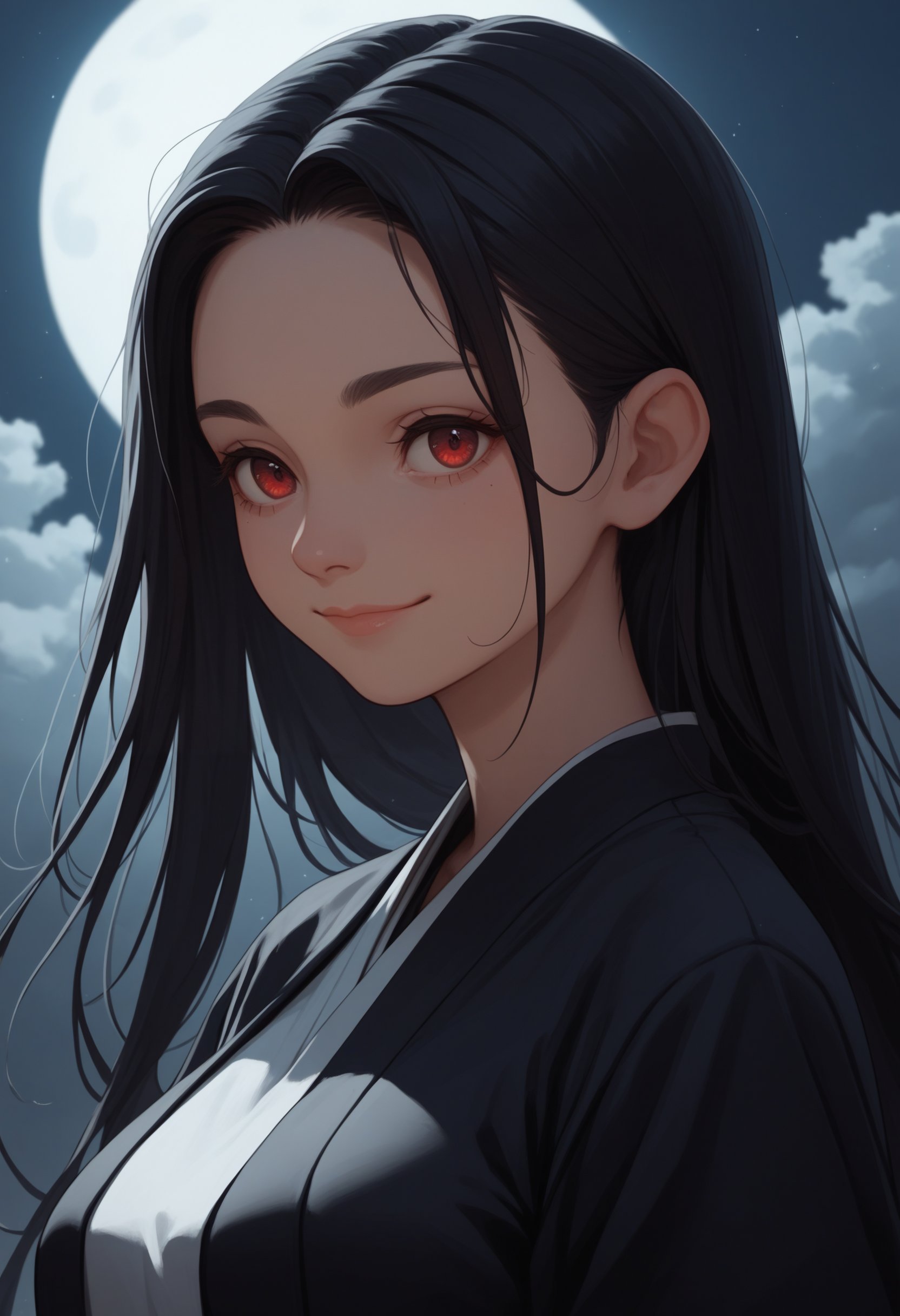 score_9, score_8_up, score_7_up, score_6_up, score_5_up, score_4_up, rating_safe, 1girl, close-up, upper body, moonlight, night, breasts, black kimono, long hair, black hair, red eyes, cloudy skies, slight smile, closed mouth, large breasts