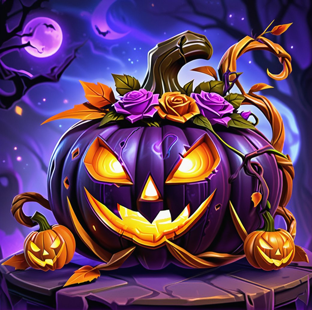 digital game illustration,halloween theme,jack-o'-lantern,purple roses,illuminated,carved pumpkin,glowing eyes,fantasy style,purple and orange color scheme,high-resolution,digital art,mystic background,floating particles,sinister smile,leaf detail,thorny vines,vibrant colors,intricate carving design.,game asset,,<lora:游戏-000002:0.6>