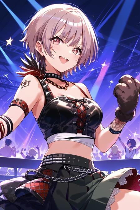 score_9, score_8_up, score_7_up, score_6_up, 1girl, <lora:Weronika:0.9> weronika, short hair, stage outfit, one glove, color lights, club stage,