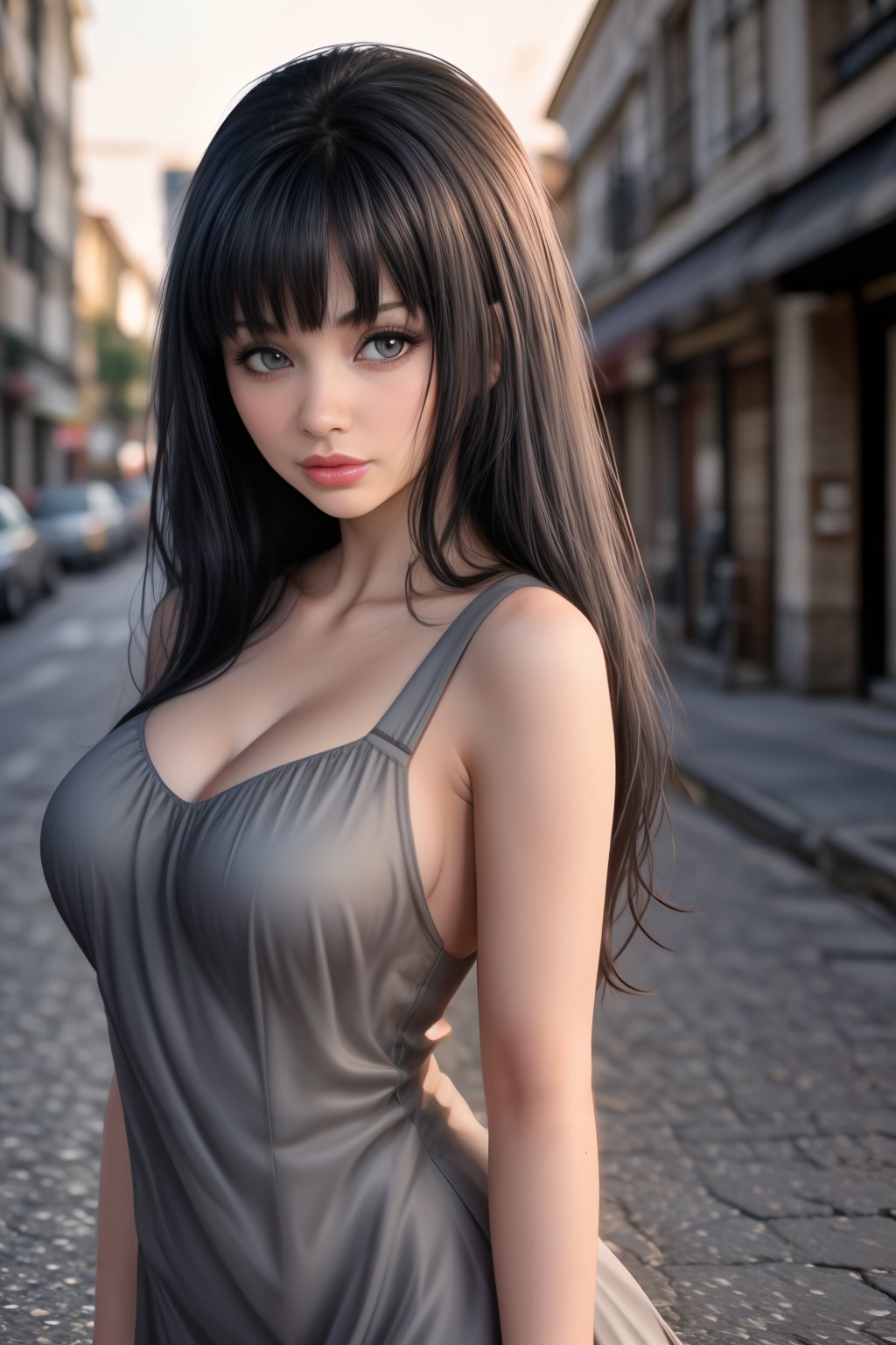 413tt4 0c34n, a woman (masterpiece), (realistic:1.3), (photorealistic:1.2), (raw photo:1.2), (best quality:1.2), (detailed face:1.2) (detailed eyes:1.2), (detailed hair), large file size, photo lighting, eyeliner, kawaii, (long wavy black hair:1.3) ((expressionless eyes)), brown eyes (large breasts:1.3), pink lips, (very short and low-cut gray dress:1.4), (standing figure:1.5), on a busy street.<lora:aletta-ocean:0.9>< <lora:add_detail:0.2><lora:pytorch_lora_weights:1>