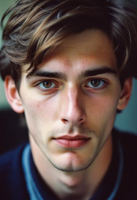 Portrait of a kind of a young man, twenty years with brown hair, childish, droopy eyes, unconventional beauty, moody atmosphere by Saul Leiter