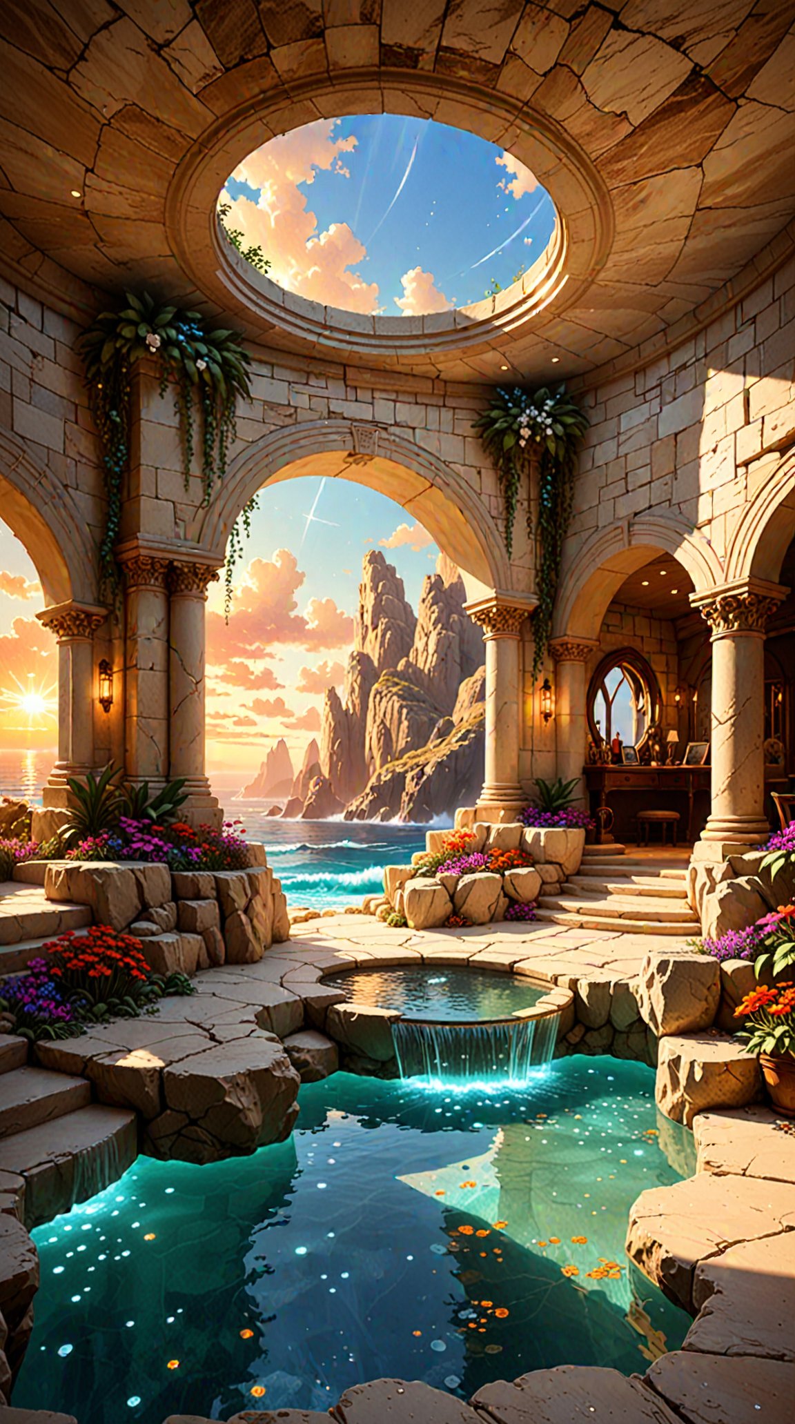 style by Bec Winnel,best quality,high resolution,8k,low-angle,sunset,intricate luminous,vivid light-ray ethereal fantasy concept art of {the luxury man's cave cabin  detailed limestone,rocky beach-fontain park floral enchanted artistic glowing background,detailed oasis} . magnificent, celestial, ethereal, painterly, epic, majestic, magical, fantasy art, cover art, dreamy inspired by andre kohn