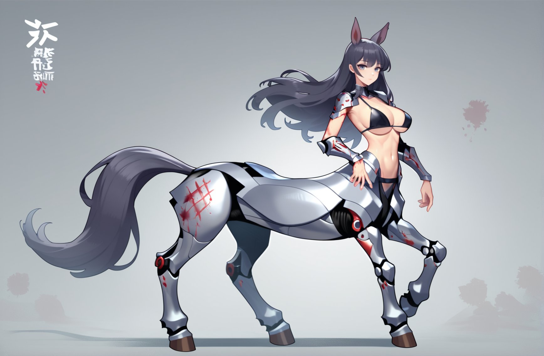 score_9, score_8_up, score_7_up, score_6_up, <lora:jijia-pony-Tanger-000006:0.8>,jijia, 2d, anime, taur, 1girl, monster girl, solo, breasts, long hair, centaur, full body, horse ears, looking at viewer,animal ears, sidelocks, large breasts, bangs, standing, multiple legs, grey background, armor, mechanical legs, horse tail, tail, grey hair, centauroid,black hair, black Bikini armor, cool, bloody stream,empty hands,pov hands,artist signature,no weapon