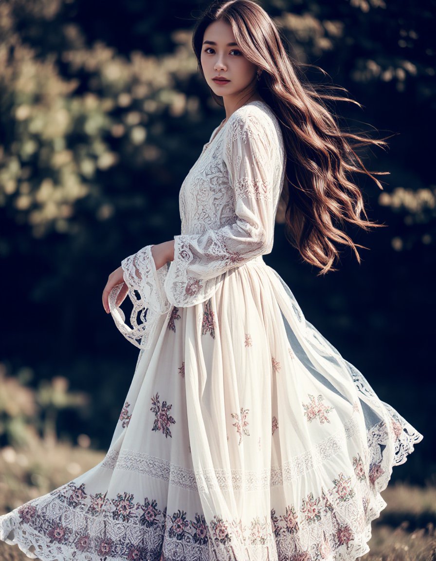 A raw photo of a woman wearing a flowing, floral long lace dress in a boho style. The intricate lace patterns and delicate floral details of the dress catch the natural light, creating a soft, ethereal glow. Her long hair cascades in loose waves, complementing the relaxed and free-spirited vibe of the bohemian aesthetic. The dress moves gently with the breeze, adding to the sense of effortless elegance. She stands in a natural, earthy setting, perhaps in a field or garden, surrounded by greenery that enhances the organic feel of the scene. The lighting is warm and natural, emphasizing the intricate textures of the lace and the vibrant colors of the floral patterns. The atmosphere is serene and inviting, capturing the essence of boho fashion with a focus on freedom, beauty, and a connection to nature. The soft shadows and balanced exposure add depth to the image, making it feel intimate and authenticbohoai hinaigirl<lora:hinaFluxBohoGirlMix-schnell_v1:0.9>