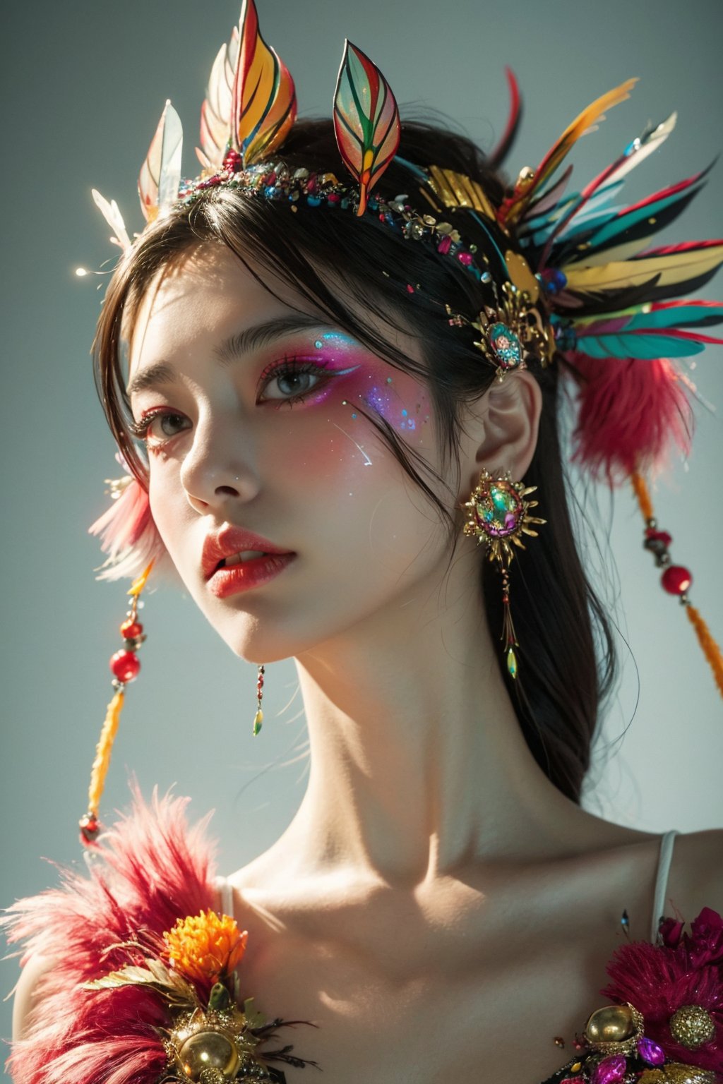 masterpiece,best quality,ultra high res,1girl,colorful tashan makeup,upper body,<lora:20240401caizhuang-v1.2:0.7>,Stink Bug headdress,BBrutal,Glass texture,Top View,