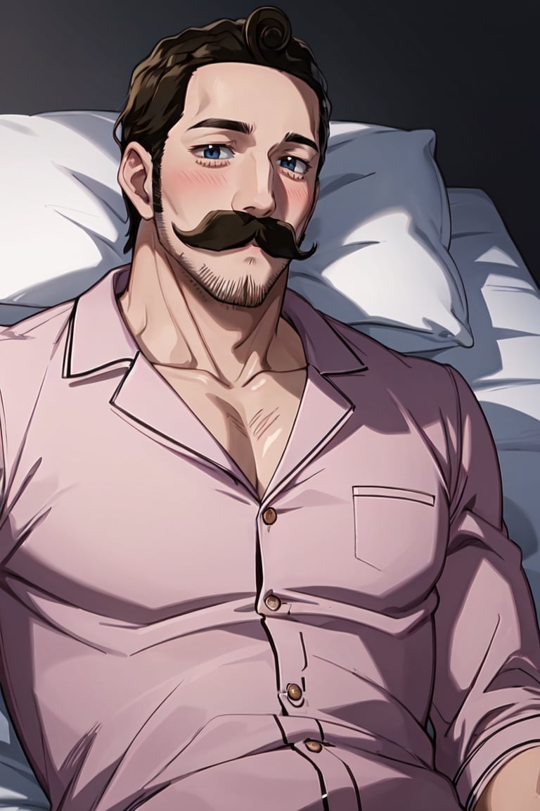 masterpiece, best quality, ultra-detailed, glistening shiny, glowing light, ray tracing, HDR, deph of field,(perfect face, detailed face) , 1boy, <lora:Alaindelon:0.7>, alaindelon, mustache, blush, facial hair, muscular,  pink pajama, long sleeves, lying