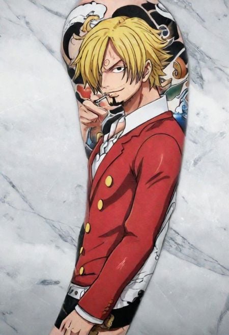(Complete),Desing Tattoo of Sanji by One Piece, New, MiddleShot,Redclothes, Blonde,8k Detailed face, detailed background ,detailed body, (male focus)