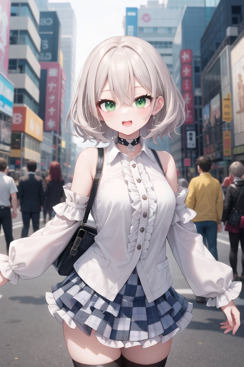 <lora:talkmouth_O_type2_v100:1>insanely detailed, absurdres, ultra-highres, ultra-detailed, best quality,1girl, solo, nice hands, perfect handsBREAK(a checkered clothes:2.0), (a checkered idol clothes:1.6), (short frill sleeve:1.3), (layered skirt,multilayer-skirt:1.6), (white thigh-high socks:1.4), (white choker,white glove with frill:1.3)BREAK(nsfw:-1.5)BREAKsmile, open mouthBREAKfrom below,standing, cowboy shot, looking at viewerBREAKslender, kawaii, perfect symmetrical face, ultra cute girl, ultra cute face, ultra detailed eyes, ultra detailed hair, ultra cute, ultra beautifulBREAKin street, cityscape in akihabara, depth of field, ultra detailed backgroundBREAKmedium large breastsBREAKgrey hair, green eyes, messy hair, hair between eyes