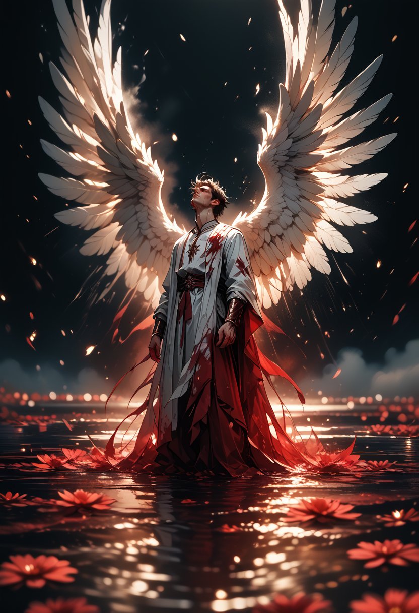 (score_9, score_8_up), score_7_up, 1boy, wings, from side, crying, tears of blood, blood, feathered wings, wading, floating, angel wings, white wings, arms at sides, angel, facing away, dripping, multiple wings, pool of blood, depth of field, blurry background, black background, dark, CINE, embers,  <lora:unholy-000009:0.75>   <lora:CINE-000008:0.5>