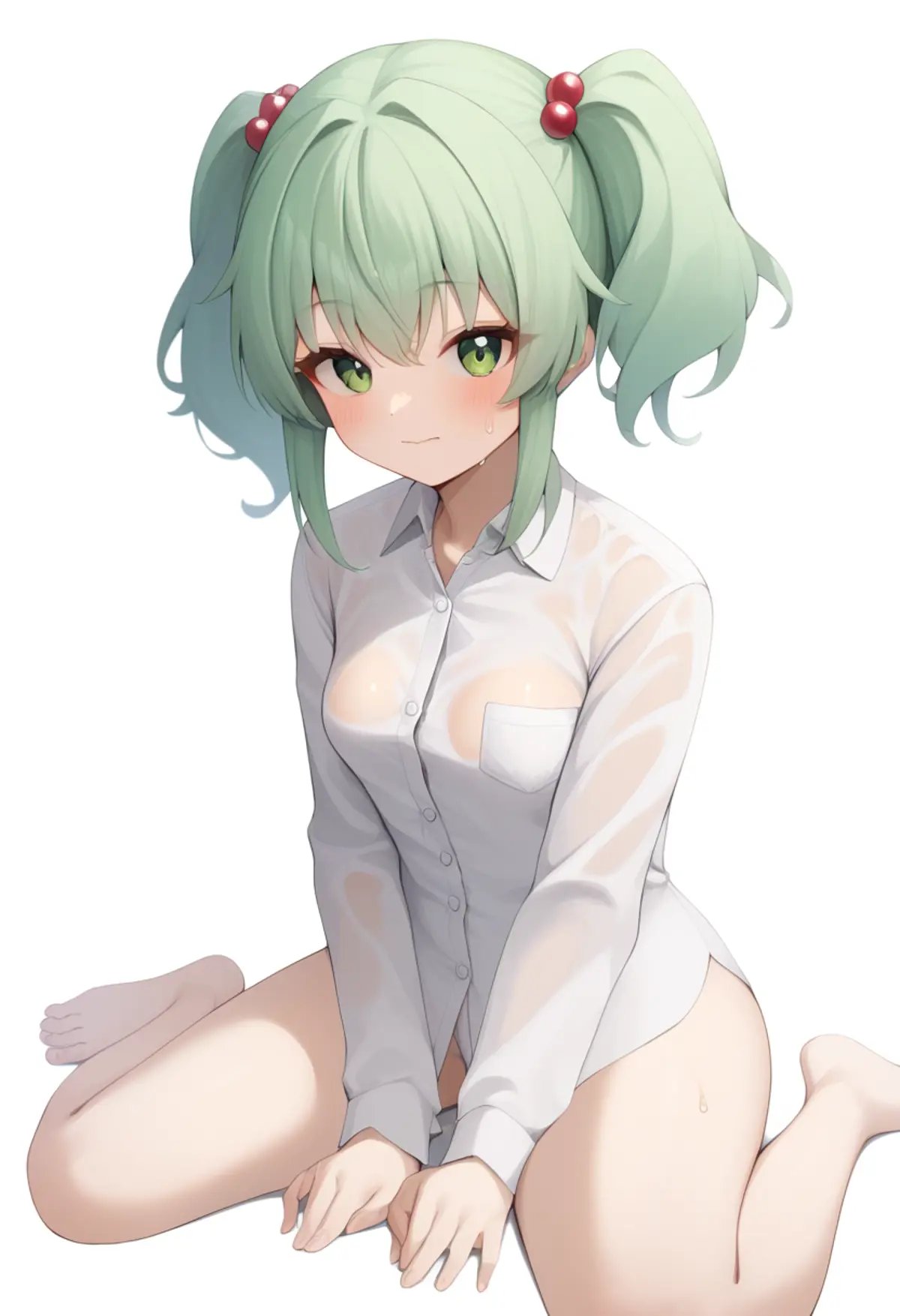 score_9,score_8_up,score_7_up,<lora:wariza_pony:1>,1girl, kisume, solo, blush, green_hair, medium_hair, twintails, small_breasts, barefoot, toes, highres, buttons, closed_mouth, collared_shirt, commentary_request, green_eyes, hair_bobbles, long_sleeves, looking_at_viewer, simple_background, skeb_commission, wariza, water, wet_shirt, white_background, white_shirt