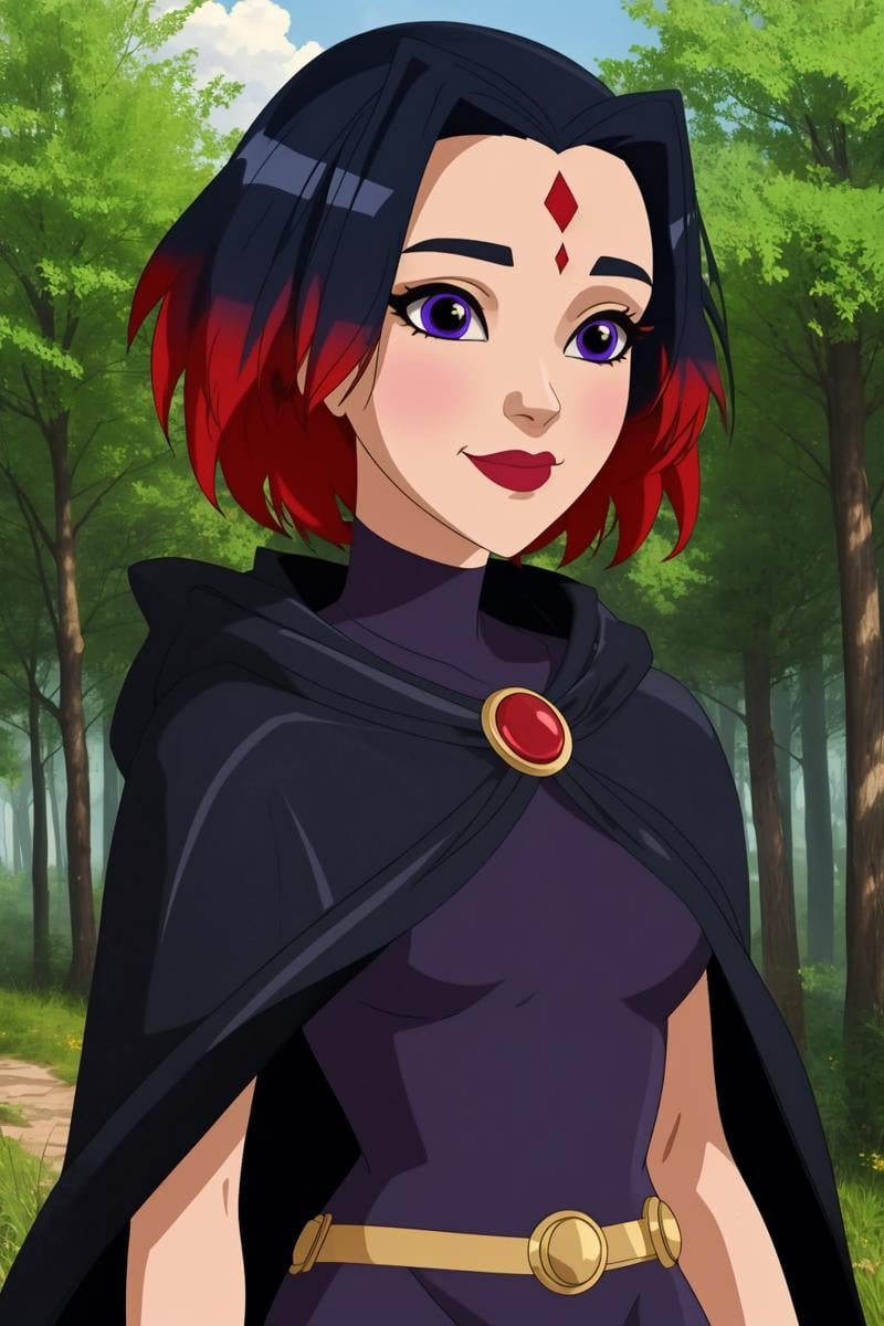 raven, 1girl, solo, purple eyes, black hair, red hair, multicolored hair, two-tone hair, gradient hair, short hair, makeup, forehead jewel,black dress, pantyhose, belt, cape,smile,closed mouth,cowboy shot,upper body,forest,outdoor,(insanely detailed, beautiful detailed face, masterpiece, best quality) cinematic lighting,<lora:Raven_SHG_v1:1>, <lora:more_details:0.3>,