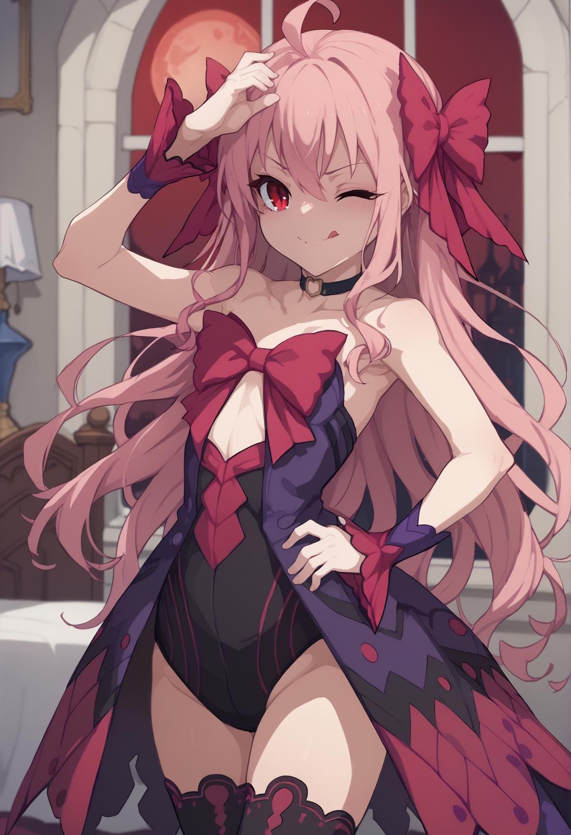 1girl, really long hair, pink hair, red eyes, mole under mouth, hair bow, choker, ribbon, leotard, center opening, bare shoulders, black thighhighs, wrist cuffs, laying, standing, cowboy shot, indoors, gothic, bedroom, castle, window, red moon, ahoge, wink, :p, tongue out, smile, hand on waist, hand on head, clenched fist <lora:Apostle_Noel:0.8> <lora:KakureEriaPDXL-(jack cat) :1>, score_9, score_8_up, score_7_up, score_6_up, score_5_up, score_4_up, BREAK source_anime, masterpiece