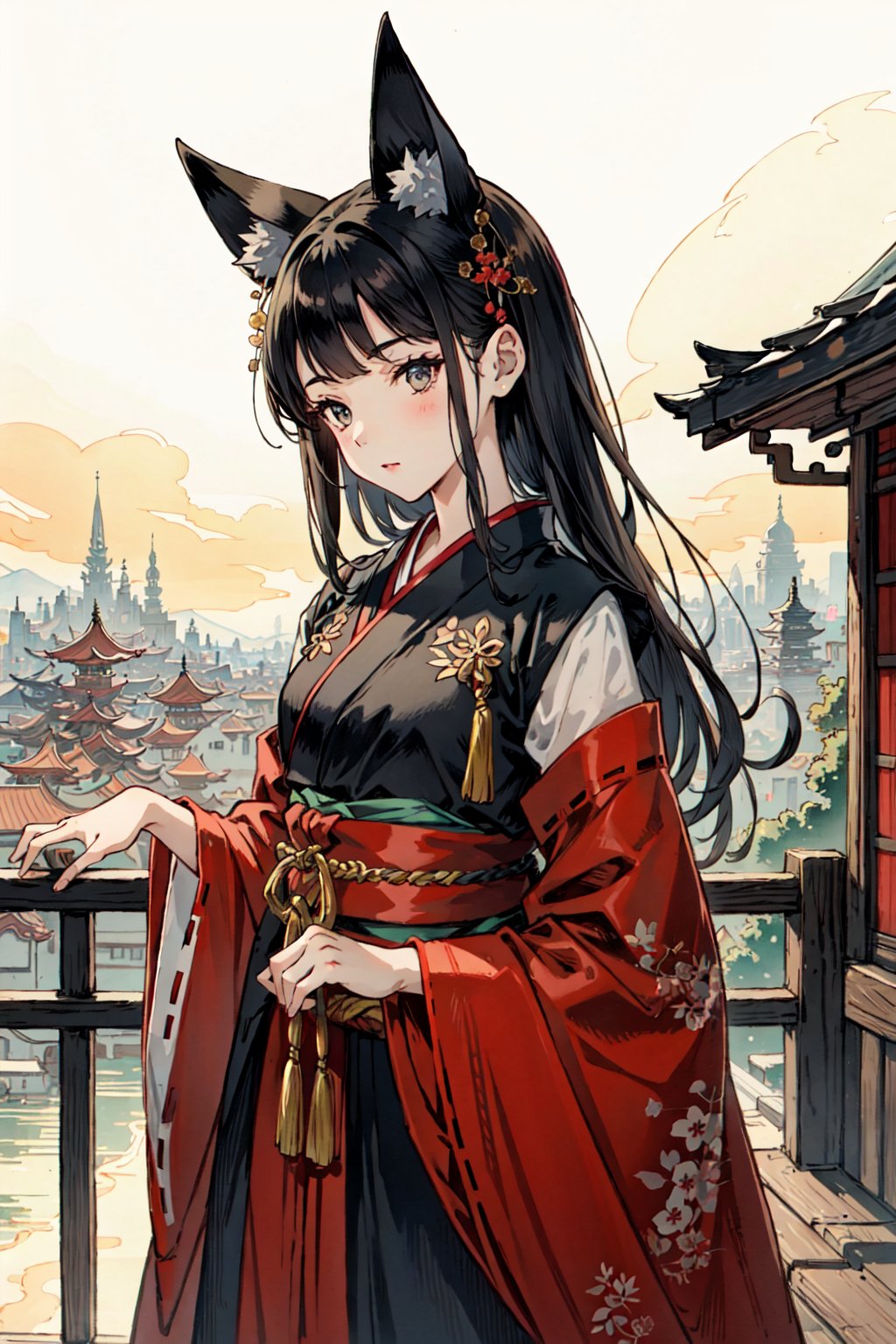 (best quality), girl,oriental detailed background, oriental cityscape, steampunk, miko