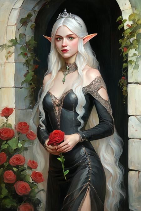 score_9, score_8_up, score_7_up, rating_safe, painterly, faux traditional media, realistic, 1girl, solo, elf, pointy ears, breasts, long hair, very long hair, white hair, green eyes, portrait, looking at viewer, black dress, tiara, silver tiara, holding, holding flower, rose, red rose, necklace, jewelry, cowboy shot, standing, outdoors, castle <lora:Faux Oil Painting Style LoRA_Pony XL v6:0.7>