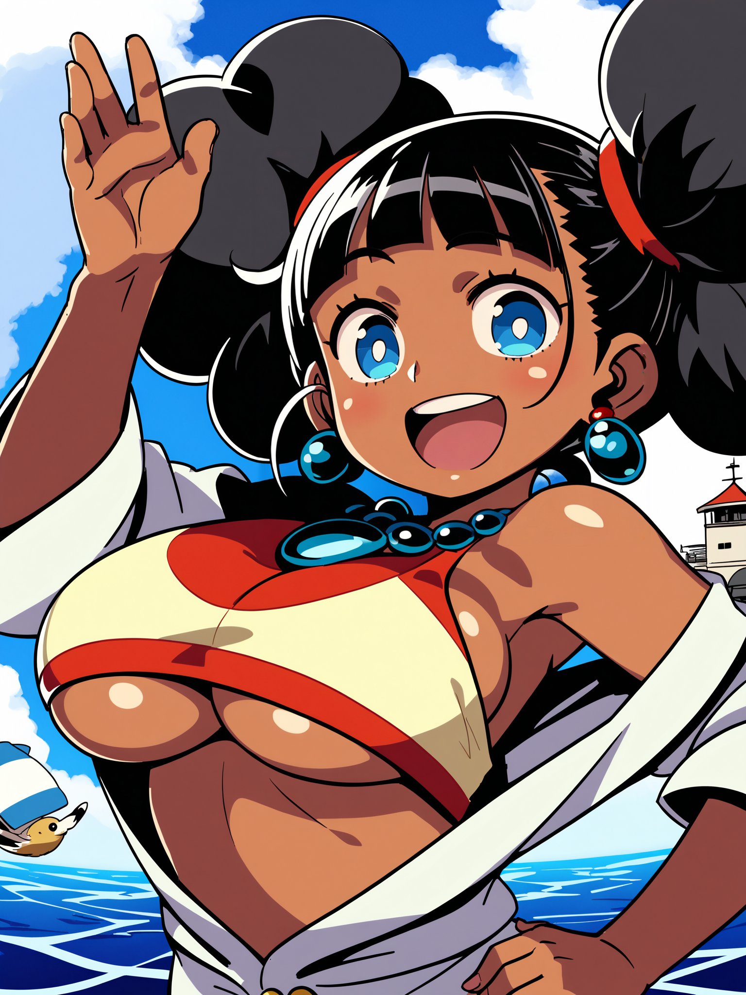 score_9,source_anime,1girl,solo,surprised,open mouth,smile,harbor,seagull,jumping,afro puffs,short twintails,upper body,close up,arched back,blush,from above,looking at viewer,dark skin,large breasts,open_clothes,undersized_clothes,cleavage,underboob,black hair,multicolored_eyes,beautiful_detailed_eyes,blue eyes,cheering,jewelry,earrings,necklace,hand on hip,<lora:Etrian_Odyssey_XL:0.8>,