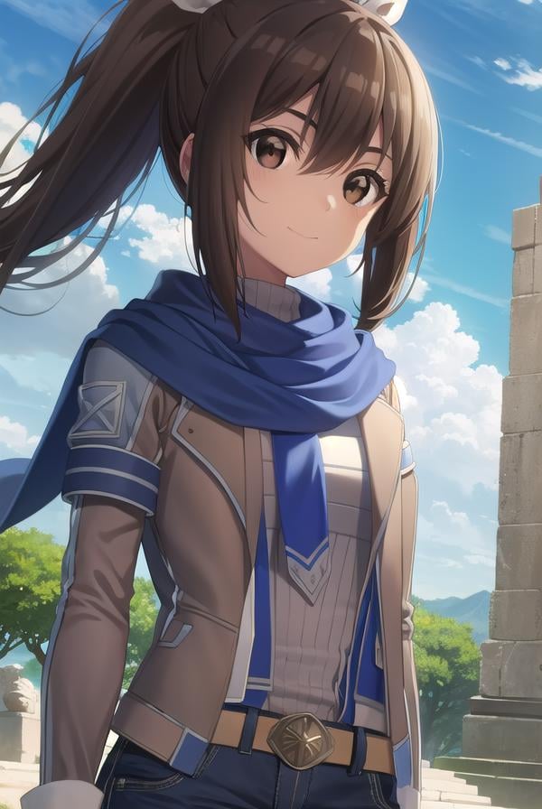 bofurisally, <lora:bofuri sally s2-lora-nochekaiser:1>, sally, long hair, brown hair, (brown eyes:1.5), ribbon, hair ribbon, ponytail, smile,BREAK gloves, shorts, scarf, blue scarf, shirt, white shirt, puffy sleeves, long sleeves, belt, denim shorts,BREAK outdoors, nature, forest, sun, sky, clouds, trees, grass,BREAK looking at viewer,BREAK <lyco:GoodHands-beta2:1>, (masterpiece:1.2), best quality, high resolution, unity 8k wallpaper, (illustration:0.8), (beautiful detailed eyes:1.6), extremely detailed face, perfect lighting, extremely detailed CG, (perfect hands, perfect anatomy),