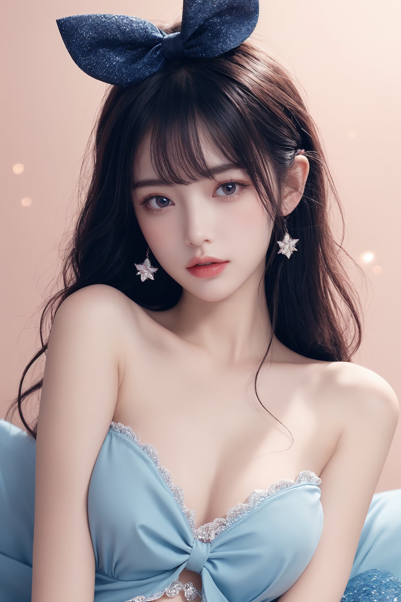 1girl, artist name, bangs, bare shoulders, blue bow, blue flower, blue nails, blue rose, bow, breasts, bunny, flower, heart, long hair, looking at viewer, medium breasts, nail polish, pink bow, rose, solo, sparkle, star \(symbol\), stuffed animal, stuffed toy<lora:eye:0.8>