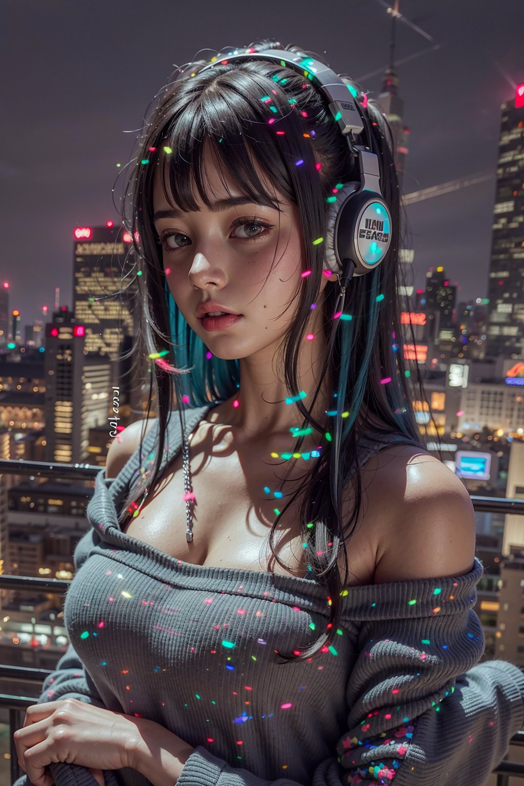 (masterpiece), best quality, ultra high res, 1girl,hoodie,blue hair, very long hair, off shoulder, feather hair ornament, headphones around neck, city,night,outdoors