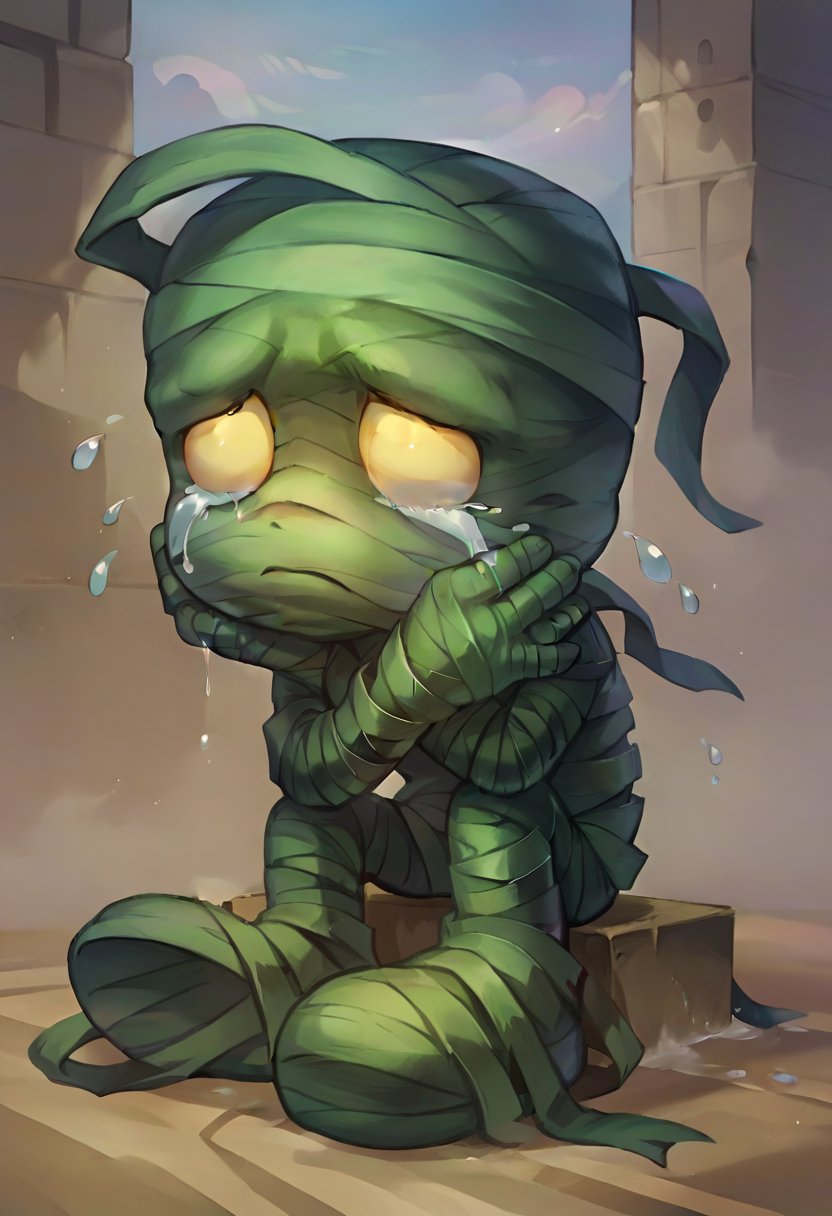 score_9, score_8_up, score_7_up, score_6_up, 4mumu, mummy, 1boy, male focus, yellow eyes, bandages, full body, <lora:Amumu_Default_v1:0.8>, sad, tears, crying, solo, looking at viewer