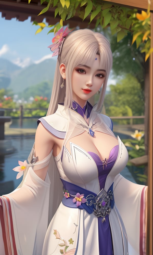 (,1girl, ,best quality, ),looking at viewer, <lora:427-DA-斗破苍穹-小医仙-天毒女-白衣:0.8> ,ultra detailed background,ultra detailed background,ultra realistic 8k cg,, ,masterpiece, (( , )),, ,      ,  orange blossoms,  (cleavage), (), ,,