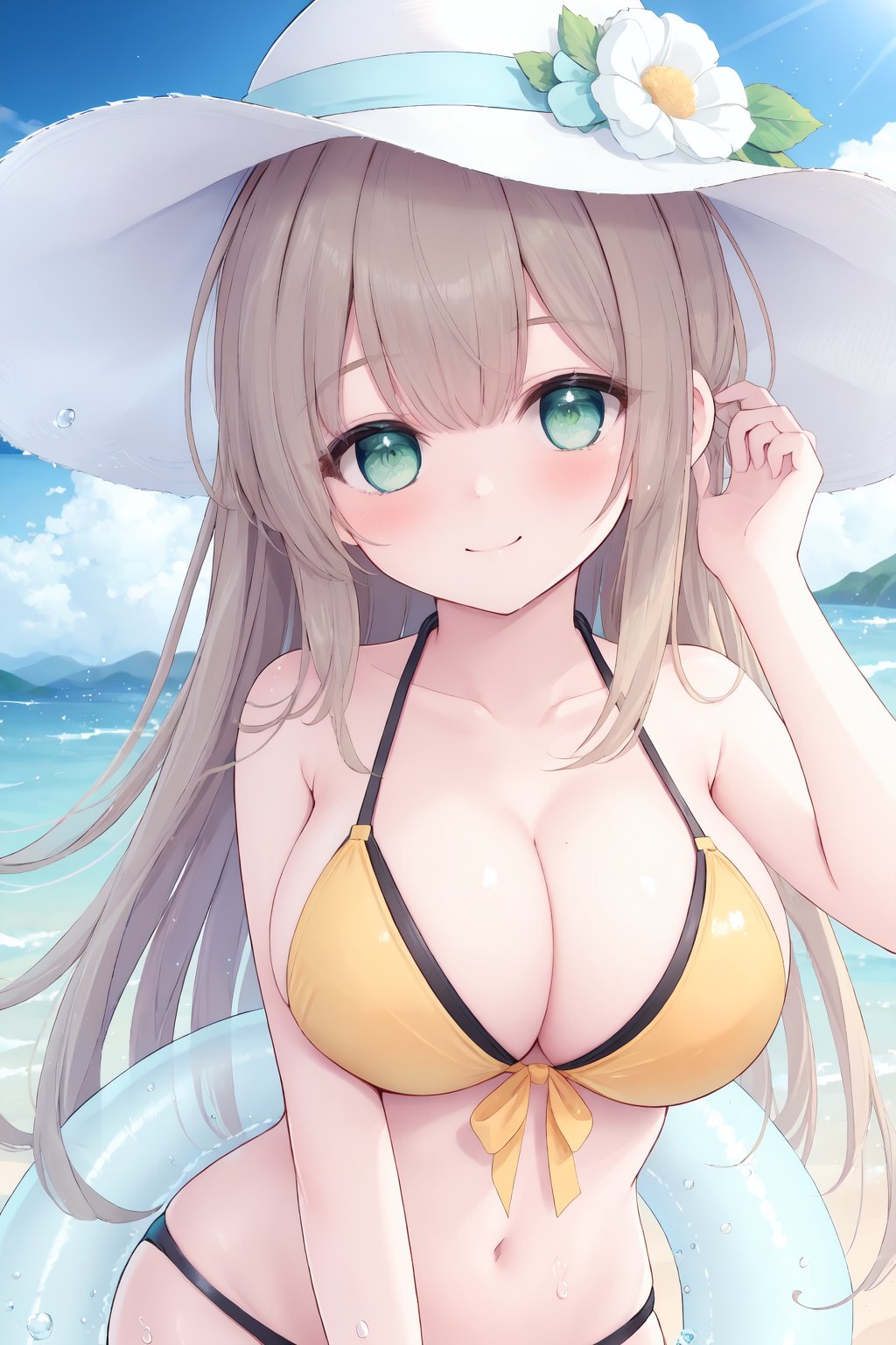 1girl,nonomi \(blue archive\),breasts,green eyes,solo,yellow bikini,innertube,cleavage,outdoors,long hair,large breasts,smile,hat flower,looking at viewer,day,sky,sun hat,front-tie top,white headwear,see-through,cloud,collarbone,ocean,bare shoulders,closed mouth,blue sky,hand on headwear,bangs,water,holding innertube,blush,beach,open clothes,halterneck,holding,water drop,beige hair