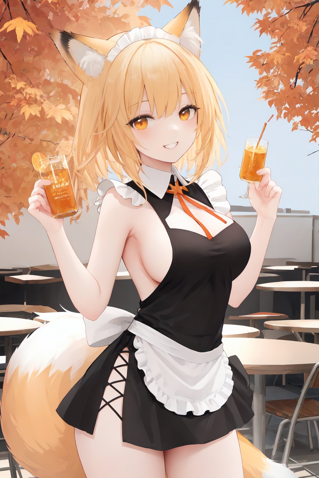 fox tail,1 fox girl,citrin eyes,fox ears,short hair,light yellow hair,(grin:0.9),(parted lips:0.9),cute,bare shoulders,medium breasts,(underboob:0.9),sideboob,(bare arms:1.1),thighs,frills,black maid,(waist apron:0.9),in cafeteria,autumn leaves,sunny afternoon,sharp focus,looking at viewer,cowboy shot,(intricate:1.1),(light yellow and orange theme:1.1),(light yellow tone:1.1),(orange tone:0.9),(anime coloring:1.1),illustration,