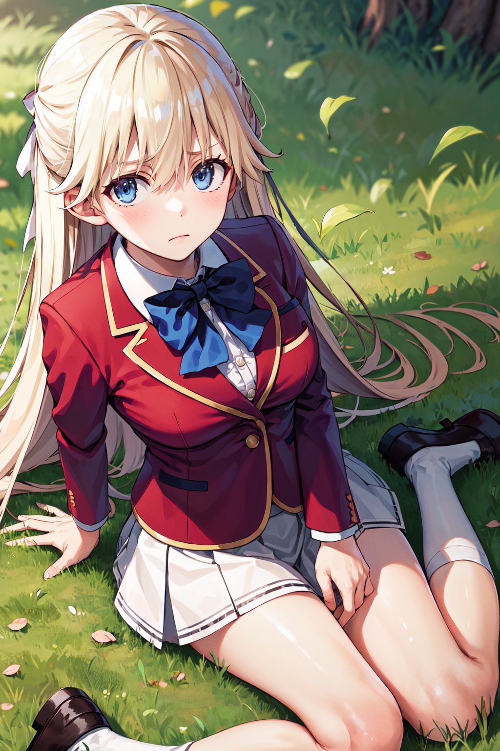 masterpiece, best quality, highres, 1girl, solo, long hair, blonde hair, hair ribbon, bangs, blue eyes, blue bowtie, collared shirt, blazer, red jacket, long sleeves, pleated skirt, white skirt, <lora:nanase_tsubasa_v1:0.7>, frown, wariza, grass, field, outdoors