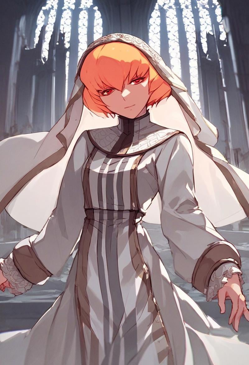 score_9, score_8_up, score_7_up,source_anime,Clementine, blonde hair, short hair, red eyes,white veil,saint suit,castle view, moonlight,solo