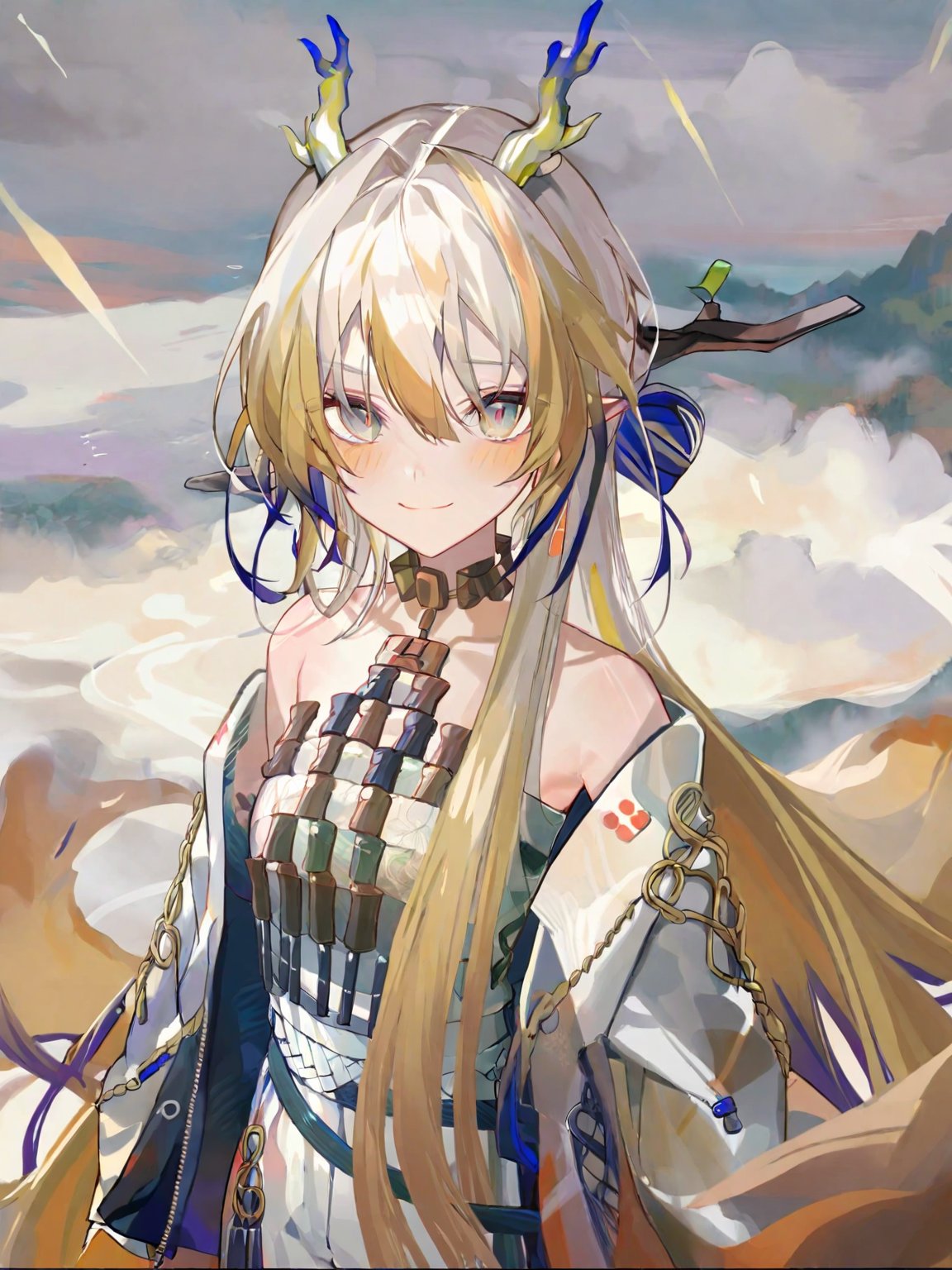 (1girl:1.2),(solo:1.2),masterpiece,best quality,highly detailed,best quality,illustration,highres,extremely detailed wallpaper,anime screencap,third-party edit,<lora:ShuLoraXL:1>,dragon horns,long hair,multicolored hair,blonde hair,white background,slight smile,looking at viewer,