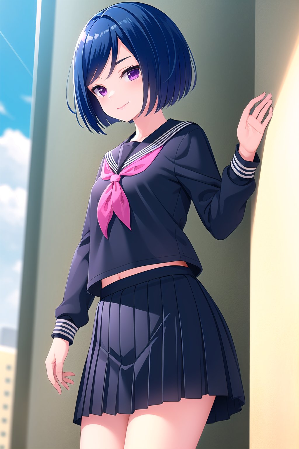 (masterpiece, best quality), highly detailed background, perfect lightingbest quality, akasegawamaki, solo, outdoors, school, building, blue hair, swept bangs, bob cut, short hair, purple eyes, small breasts, black serafuku, black shirt, white sailor collar, red neckerchief, long sleeves, black skirt, pleated skirt, school uniform, smile, closed mouth, :), pink lips, <lora:Akasegawa-Maki-2-10:0.7>