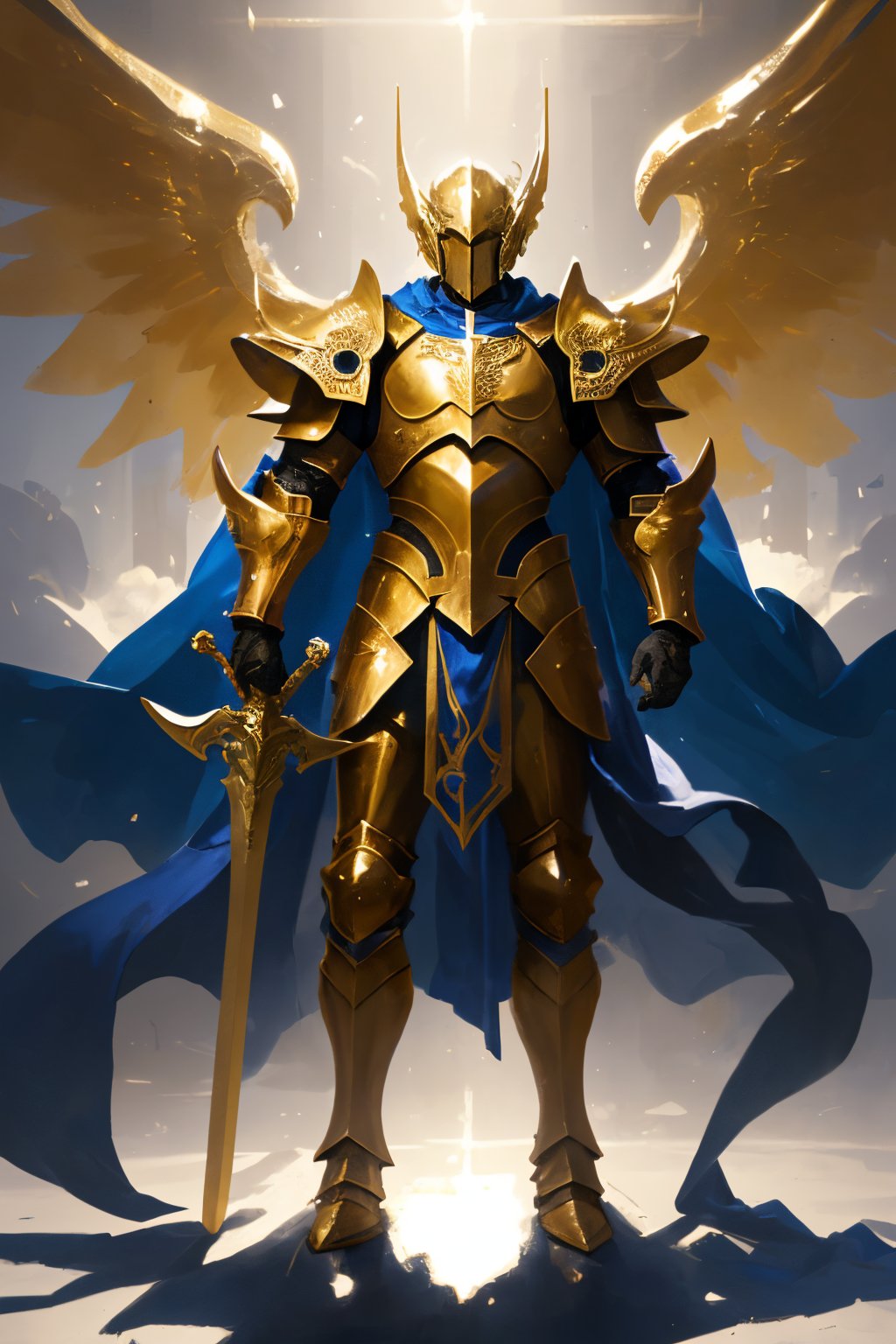 jjtsqs01,armor,weapon,solo,sword,shoulder armor,1boy,pauldrons,full armor,standing,blue cape,holding sword,gold armor,full body,<lora:jjsq1.5:0.6>,