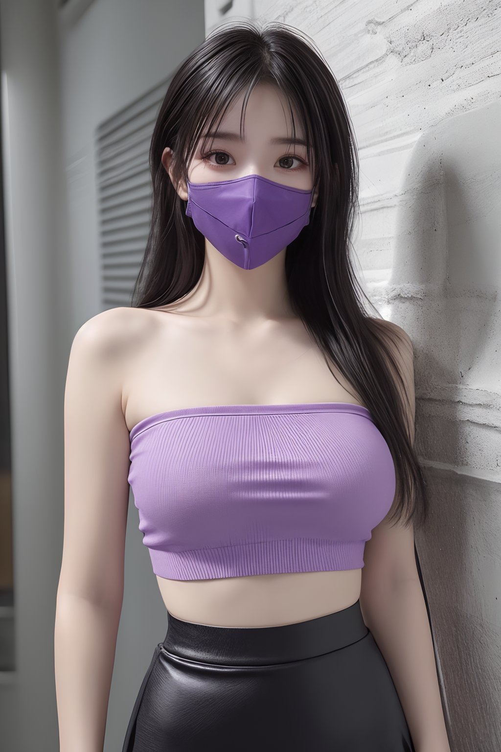 1girl, bangs, bare shoulders, black hair, black skirt, covered mouth, gas mask, long hair, mask, midriff, mouth mask, nail polish, pencil skirt, purple nails, purple skirt, skirt, solo, surgical mask, tape gag  <lora:口罩:0.8>