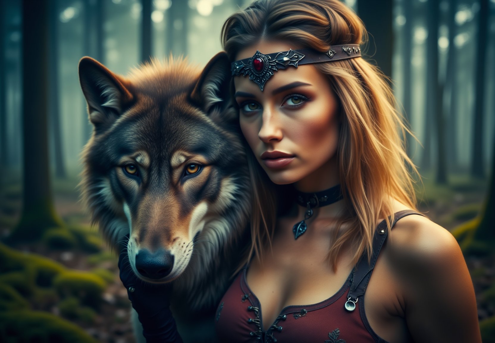 Face close-up of polish woman in airy hazel outfit and a wolf in the deep dark forest, colorful nature, overcast storm, high quality movie frame, fantasy lair, mossy trees in the wind, blue liana jungle, low yellow mist, bare shoulders and legs, leather straps, leather gloves, leather choker, leather head-band, polishswordsman, cinematic