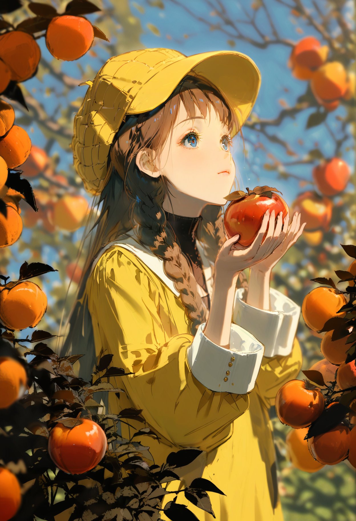 masterpiece, best quality, <lora:REDUMXLANI31lokrV53P1-000121:0.95>  1girl, solo, fruit, food, holding, braid, brown hair, holding food, long hair, holding fruit, outdoors, apple, long sleeves, twin braids, yellow headwear, upper body, blurry, closed mouth, tree, blue eyes, hat, day, blurry background, bangs, hands up, looking up, leaf